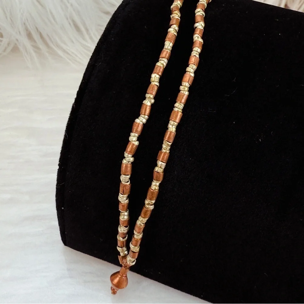 Vintage Double Strand Copper Silver Finish Beaded Necklace Mixed Metal Boho